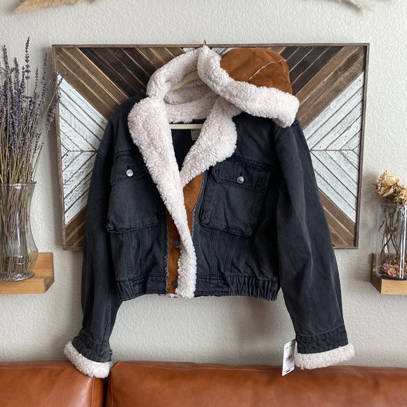 Free people washed black tan and Teddy coat jean  jacket - Picture 3 of 9